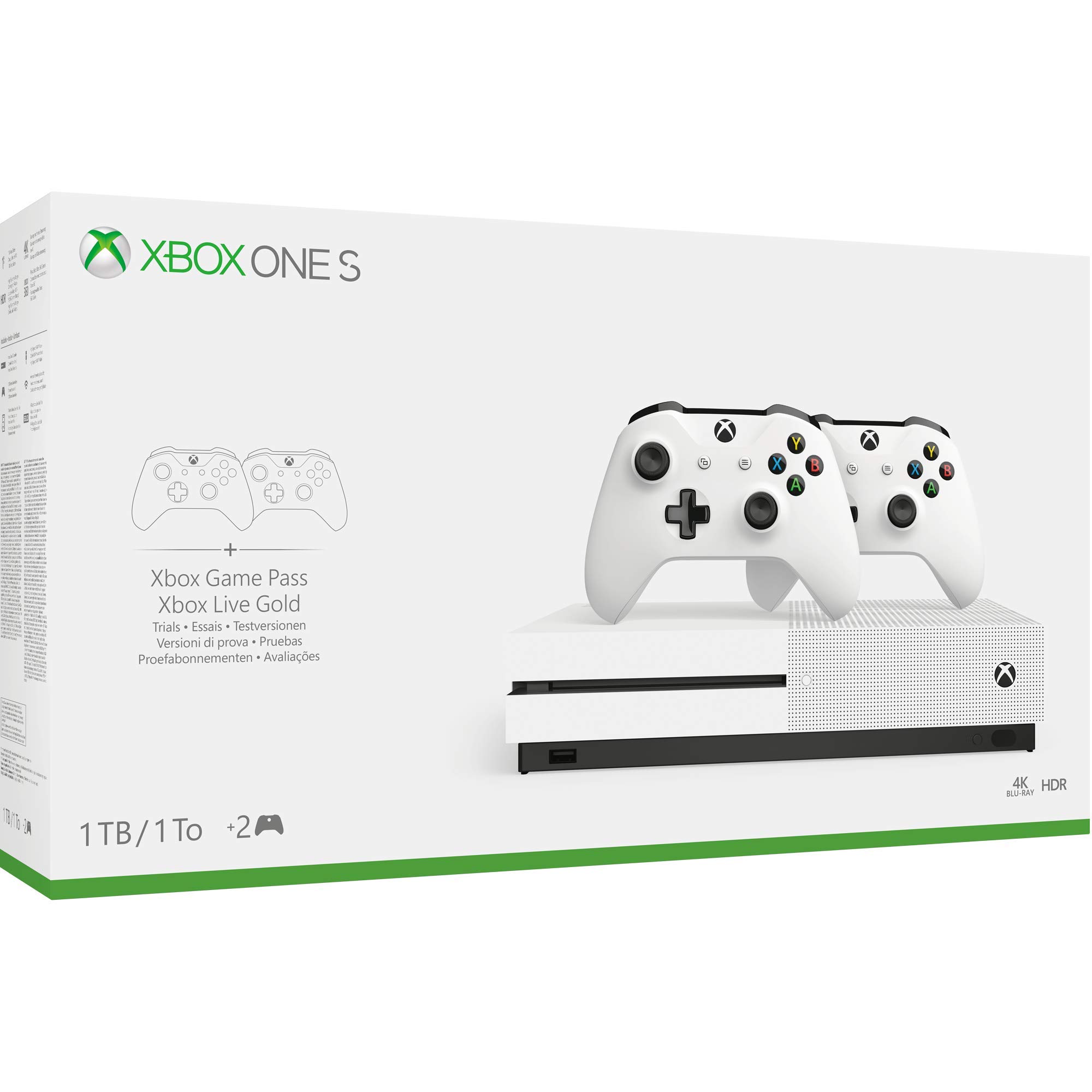 Microsoft Xbox One S Two-Controller Bundle 4K 1TB HDD White (Renewed)