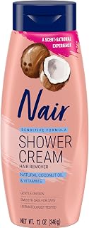 Nair Sensitive Shower Hair Removal Cream, Coconut Oil & Vitamin E, 12 Oz | Sensitive Skin Formula, Quick & Easy Body Hair Removal, Legs, Arms & Underarms, Smooth & Soft Skin