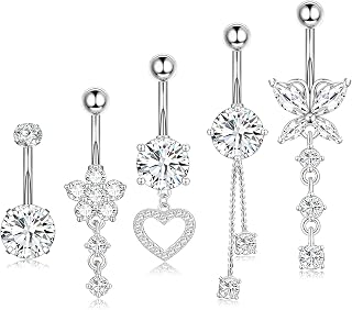 hautllaif 5pcs Belly Button Bars,14G Dangly Belly Button Piercing Jewellery | Hypoallergenic Stainless Steel Design, Comfortable 14G Belly Rings with Dangly Styles for Women and Girls