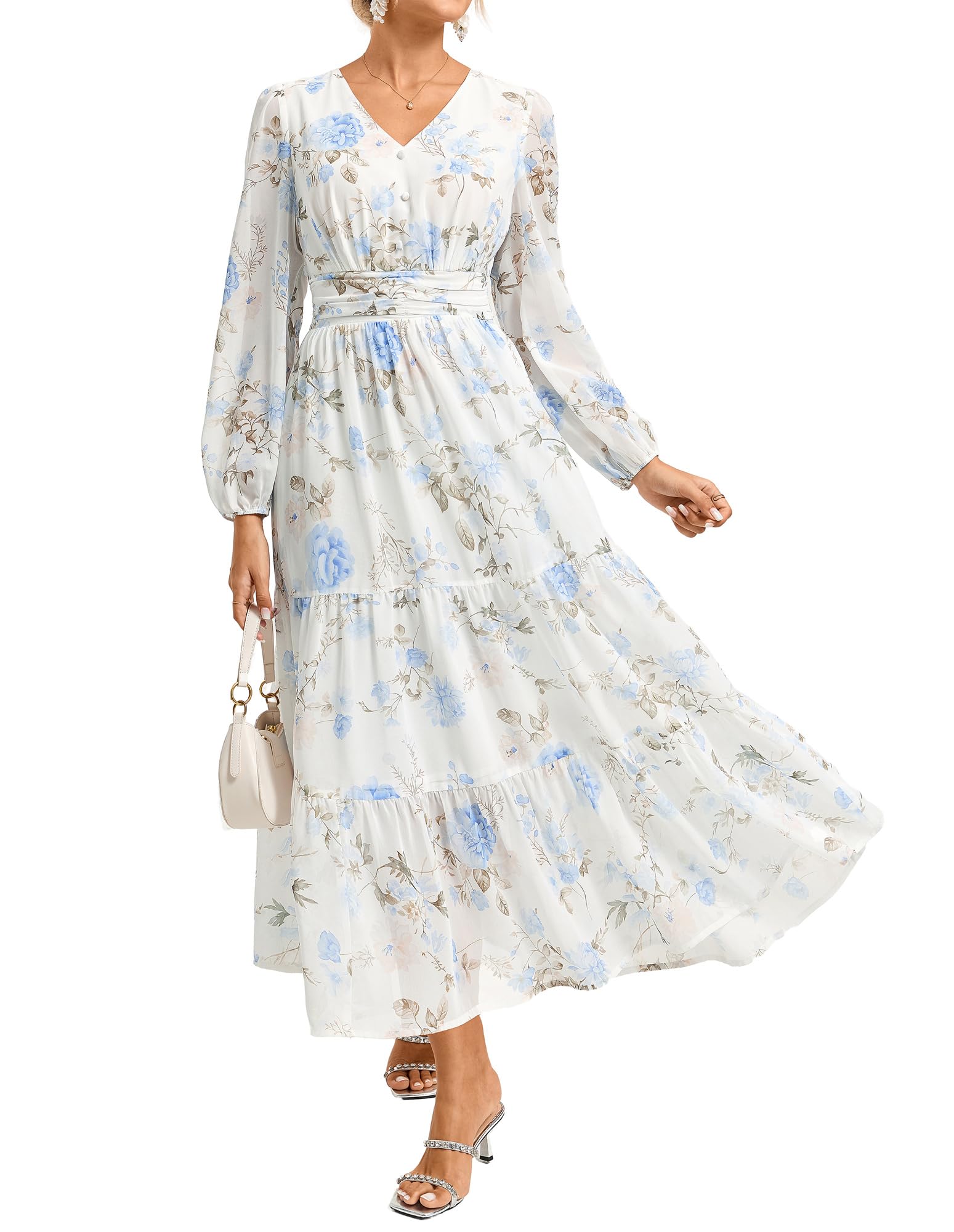 GRACE KARIN Women's Elegant V-Neck Long Sleeve Floral Dress