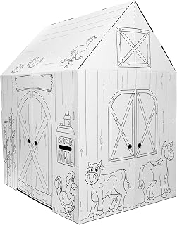 Easy Playhouse Cardboard Barn, Kids Art & Craft Activity, 32"x26"x40" Fort | Made in USA, Customize with Markers or Paint, Sturdy Indoor & Outdoor Playhouse Tent for Toddlers, Fits 2 Doors & Windows