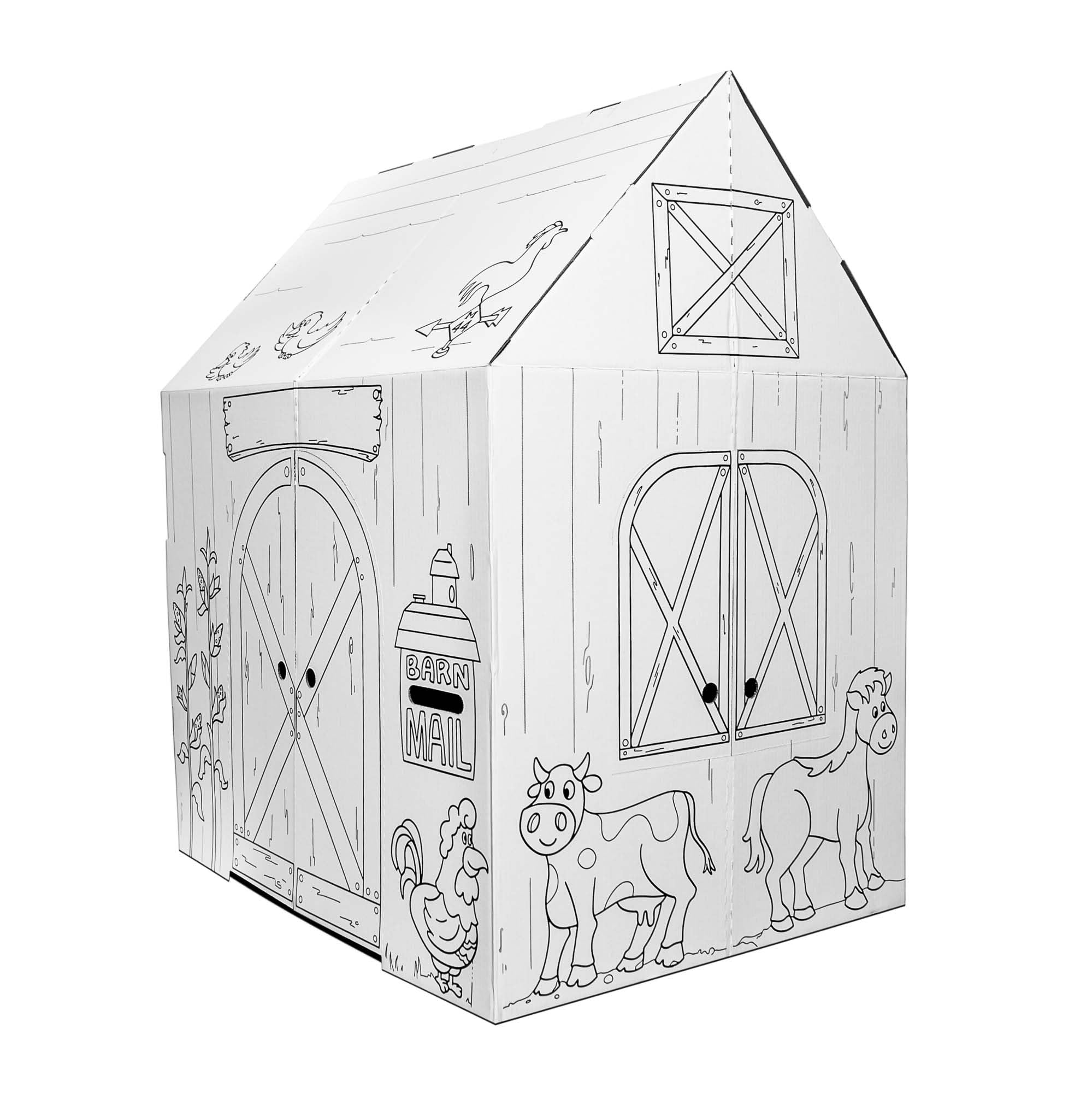 Easy Playhouse Cardboard Barn, Kids Art & Craft Activity, 32"x26"x40" Fort | Mad