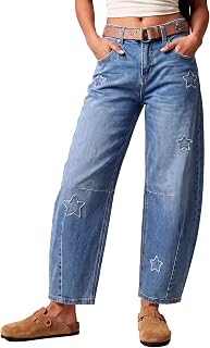 Sidefeel Women's Barrel Jeans Wide Leg Mid Rise Y2k Ankle Denim Pants