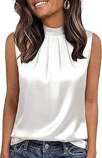 Funlingo Damen-Tanktops aus Seidensatin, Stehkragen, ärmellos, Business-Casual-Plissee-Sommerhemden, 2026