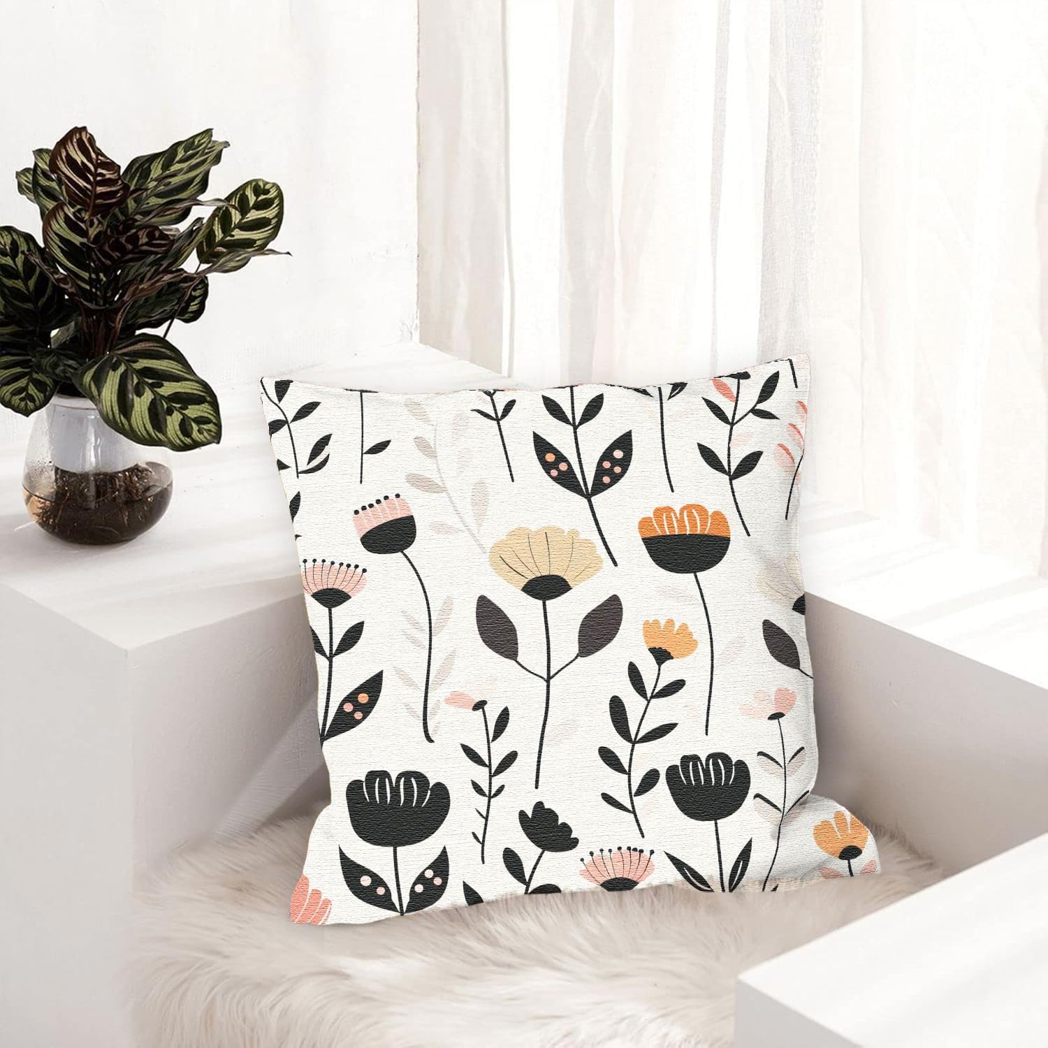 Decorative Flower Cushion Covers Set of 1, Square Sofa Cushion Cover, Farmhouse 