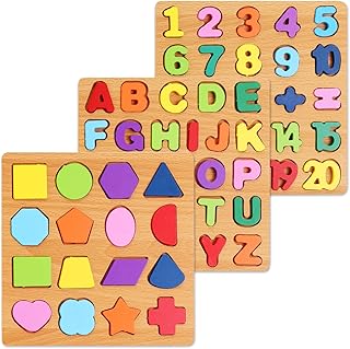 Wooden Puzzles for Kids Ages 3-5, 3 Pack ABC Number and Shape Learning Toys | 3 wooden puzzle board with ABC letters, numbers and colorful shapes for preschool learning, matching and fine motor skills
