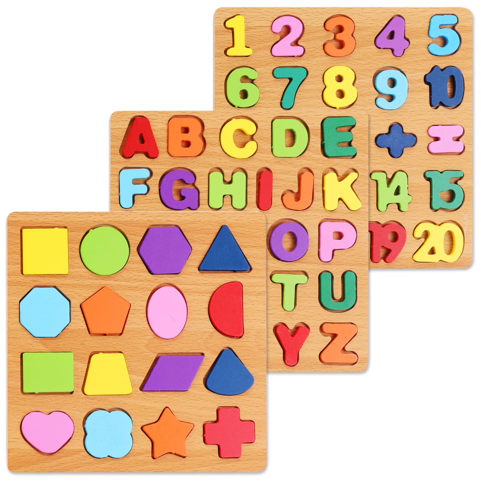 Wooden Puzzles for Kids Ages 3-5, 3 Pack ABC Number and Shape Learning Toys | 3 