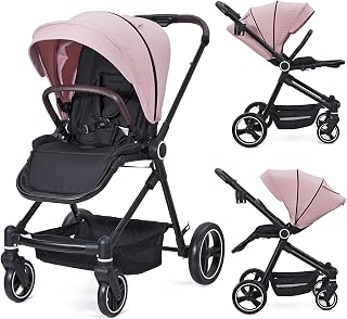 Stroller for Newborn, Convertible Baby Pram with Reversible Seat and One-Hand Fold, High Landscape Toddler Infant Pushchair with Storage Basket, Adjustable Footrest &amp; Canopy, UPF 50+ Canopy (Pink)