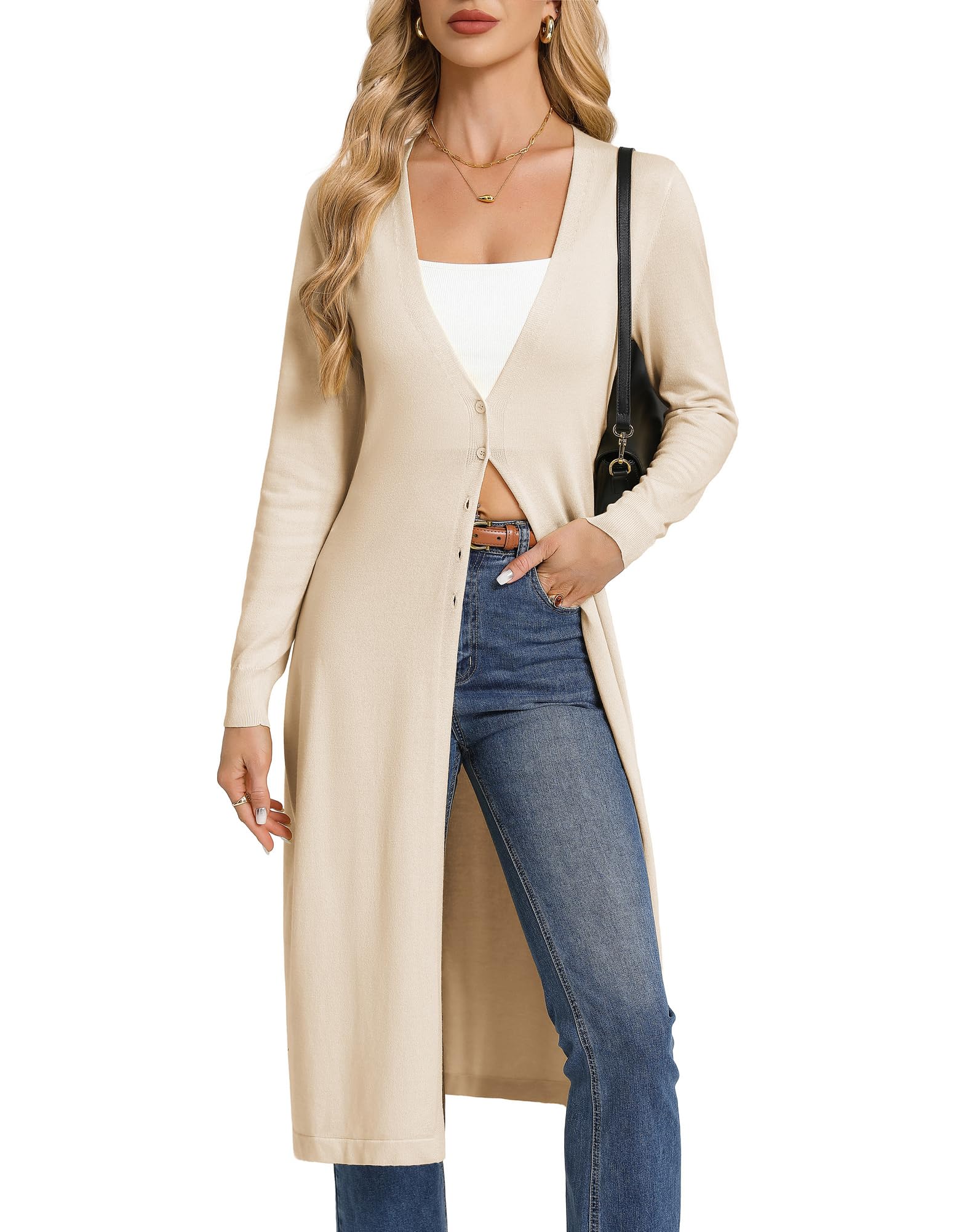 GRACE KARIN Women‘s Long-Sleeve V-Neck Long Cardigan Spring Lightweight Cardigan