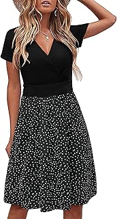 STYLEWORD Women Summer Dress Short Sleeve Summer Dress V Neck Floral Wrap Waist Casual Dress with Pockets