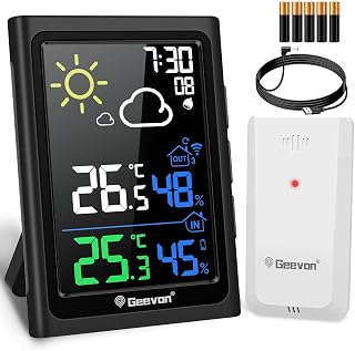 Geevon Weather Station Wireless with Outdoor Sensor, Digital Thermometer | Indoor Outdoor Thermometer Hygrometer with Weather Forecast, Alarm, Max/Min Record (246278 VA Battetries No MSF)