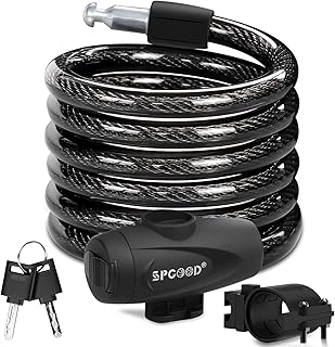 SPGOOD Bike Lock with 2 Keys, 12 mm Steel Cable Lock, 120 cm Length | PVC coating, waterproof and rustproof, bracket secures the lock to the bicycle, suitable for bicycles, e-bikes, scooters