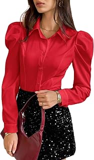 Floerns Women's Elegant Puff Long Sleeve Collared Shirts Dressy Blouse Top