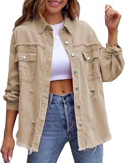 Ripped Denim Jacket for Women - Long Sleeve Boyfriend Distressed Loose Denim Jacket, Trucker Style Broken Denim Jacket with Metal Button
