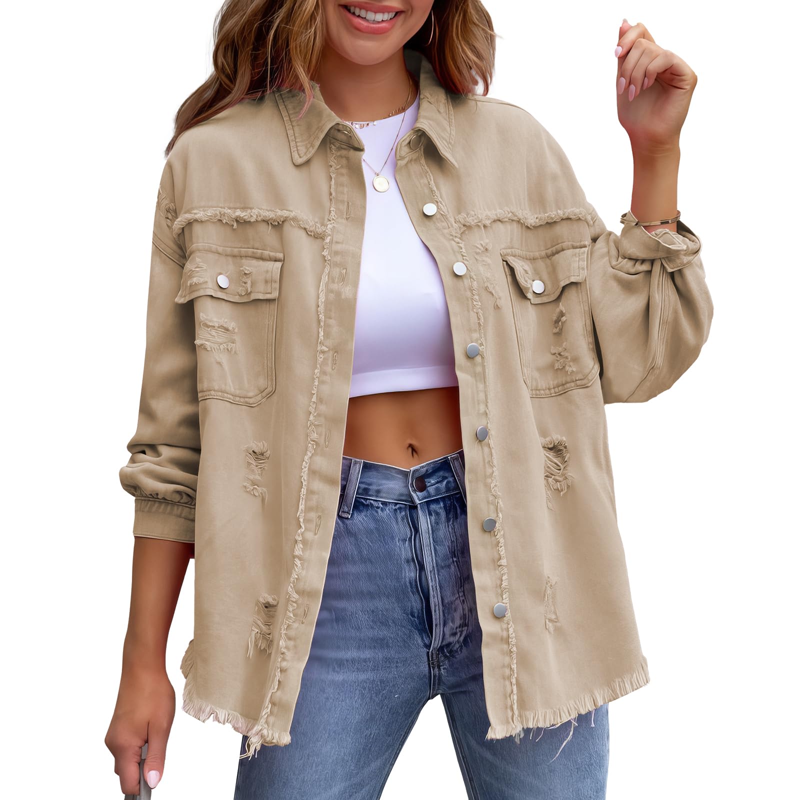Ripped Denim Jacket for Women - Long Sleeve Boyfriend Distressed Loose Denim Jac
