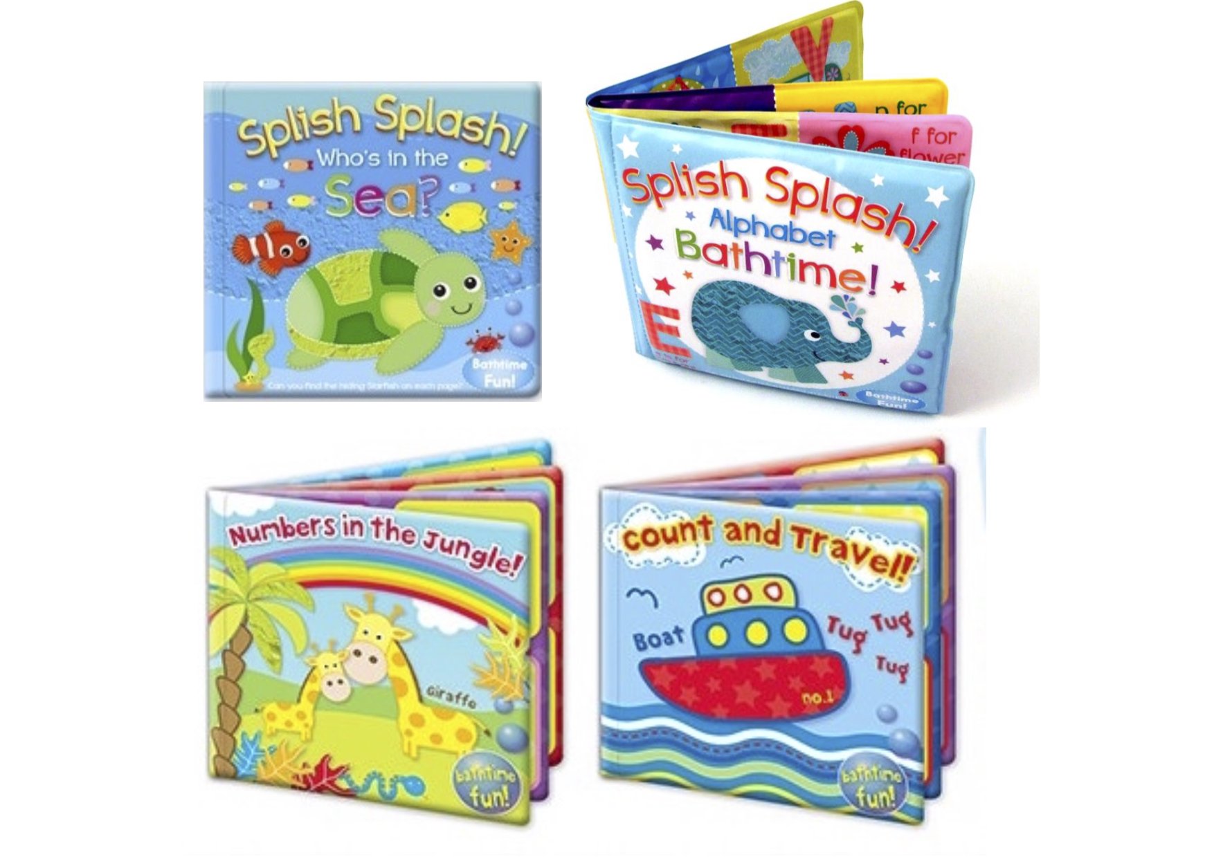 Set of 4 Baby Bath Books | First Words ABC Letters & Numbers | Plastic Coated & 