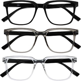 OPULIZE LEO Reading Glasses – Large Rectangular Frame – Men Women – Spring Hinges, 3 Pack - Black / Grey / Clear, One size