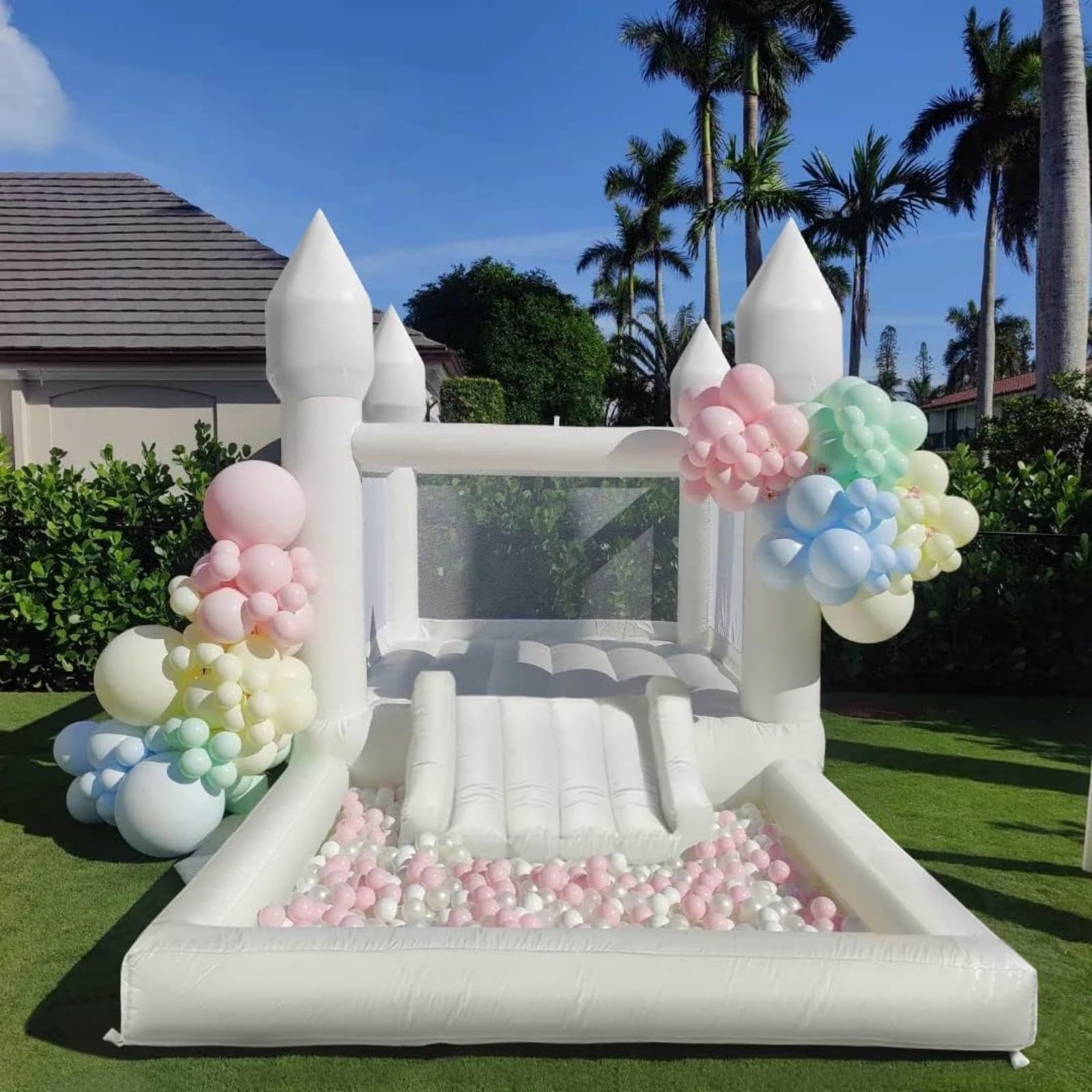 Inflatable White Bounce House for Kids with UL Blower-Portable, Large Ball Pool 