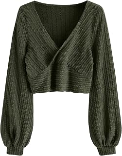 ZAFUL Women's Pullover Ribbed Cropped Knitwear Drawstring Ruched Knitted Crop Top Solid V-Neck Long Sleeve T-Shirt