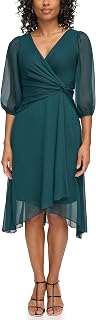 DKNY Damen Half Balloon Sleeve Faux Wrap Midi Dress Kleid
