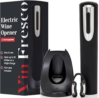 Rechargeable Electric Wine Bottle Opener - Charging Base and Foil Cutter Included with Automatic Wine Opener - Electric Corkscrew for Easy Cork Removal - Best Gift for Wine Lover (Black & Silver)