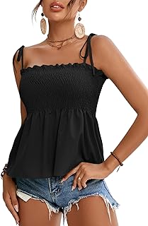 LYANER Women's Tie Shoulder Frill Shirred Ruffle Hem Sleeveless Strappy Cami Blouse Peplum Top