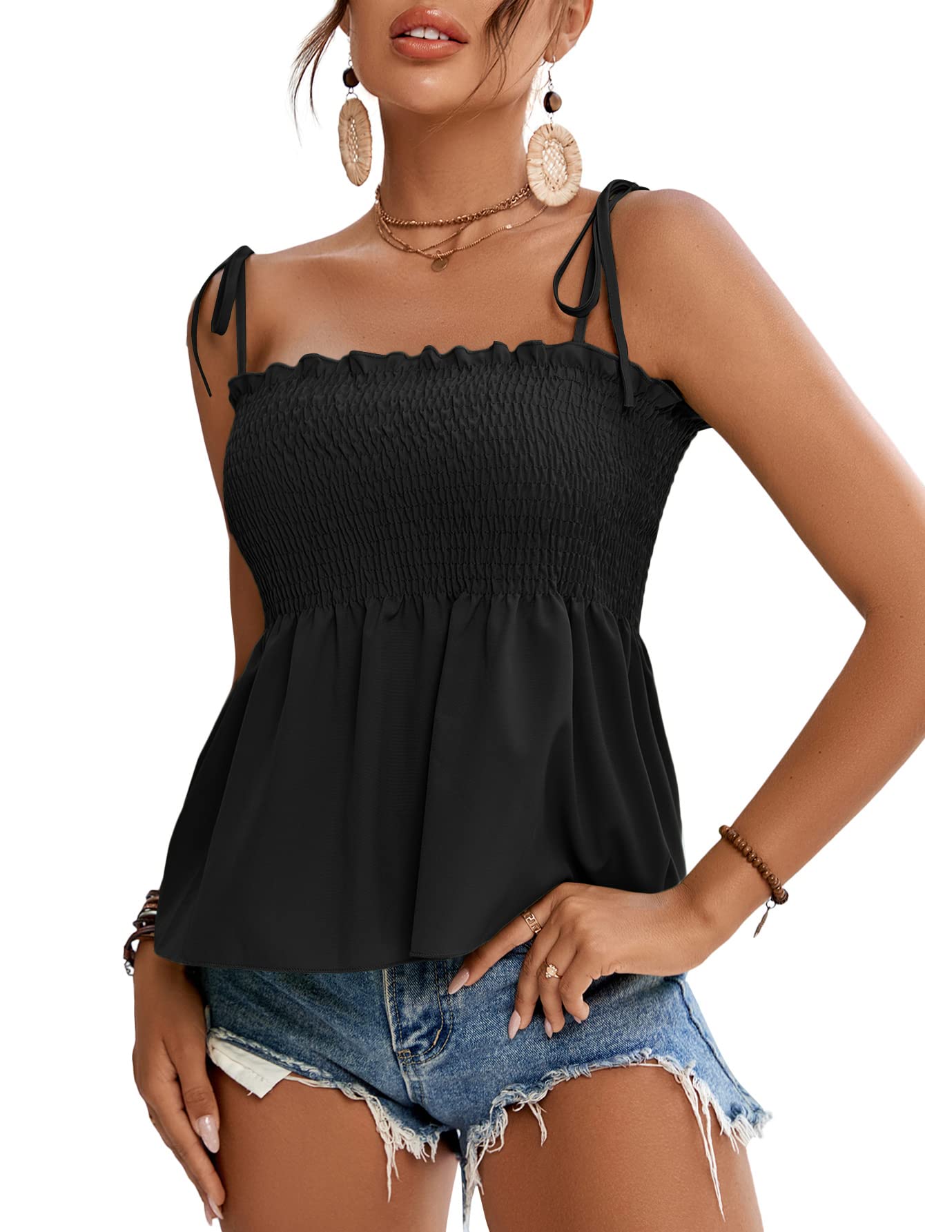 LYANER Women's Tie Shoulder Frill Shirred Ruffle Hem Sleeveless Strappy Cami Blo