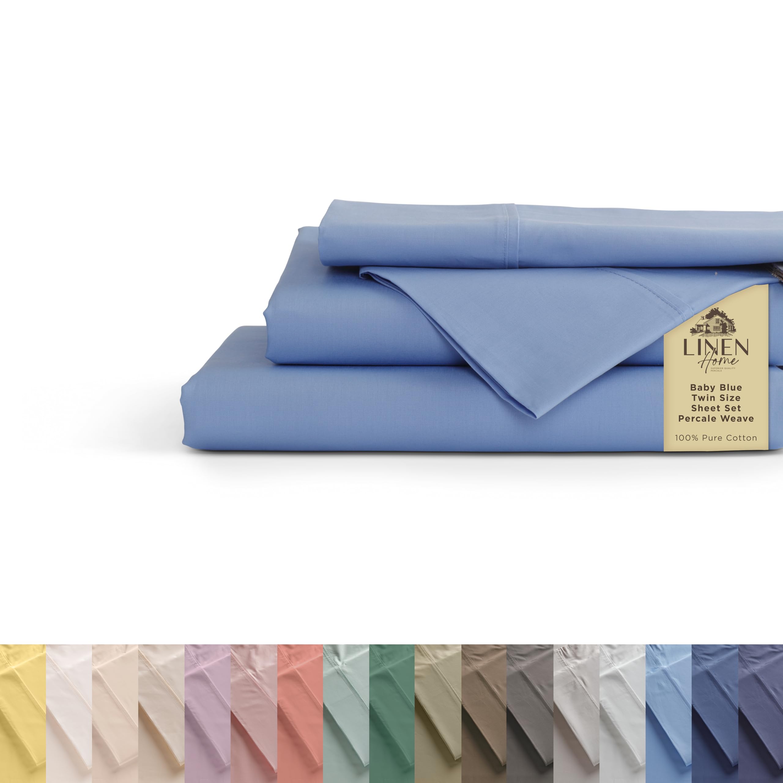 Linen Home 100% Cotton Percale Sheets Twin Size, Baby Blue, Deep Pocket, 3 Piece