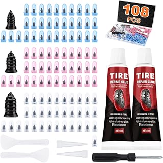 108 Pcs Tire Screw Plug Repair Kit, Tire Repair Screws with Tire Glue | Tire Repair Rubber Nail, Fast Self-Service Screw Tire Plug Kit for Tires, Car, Truck, Motorcycle, Tractor Puncture Repair