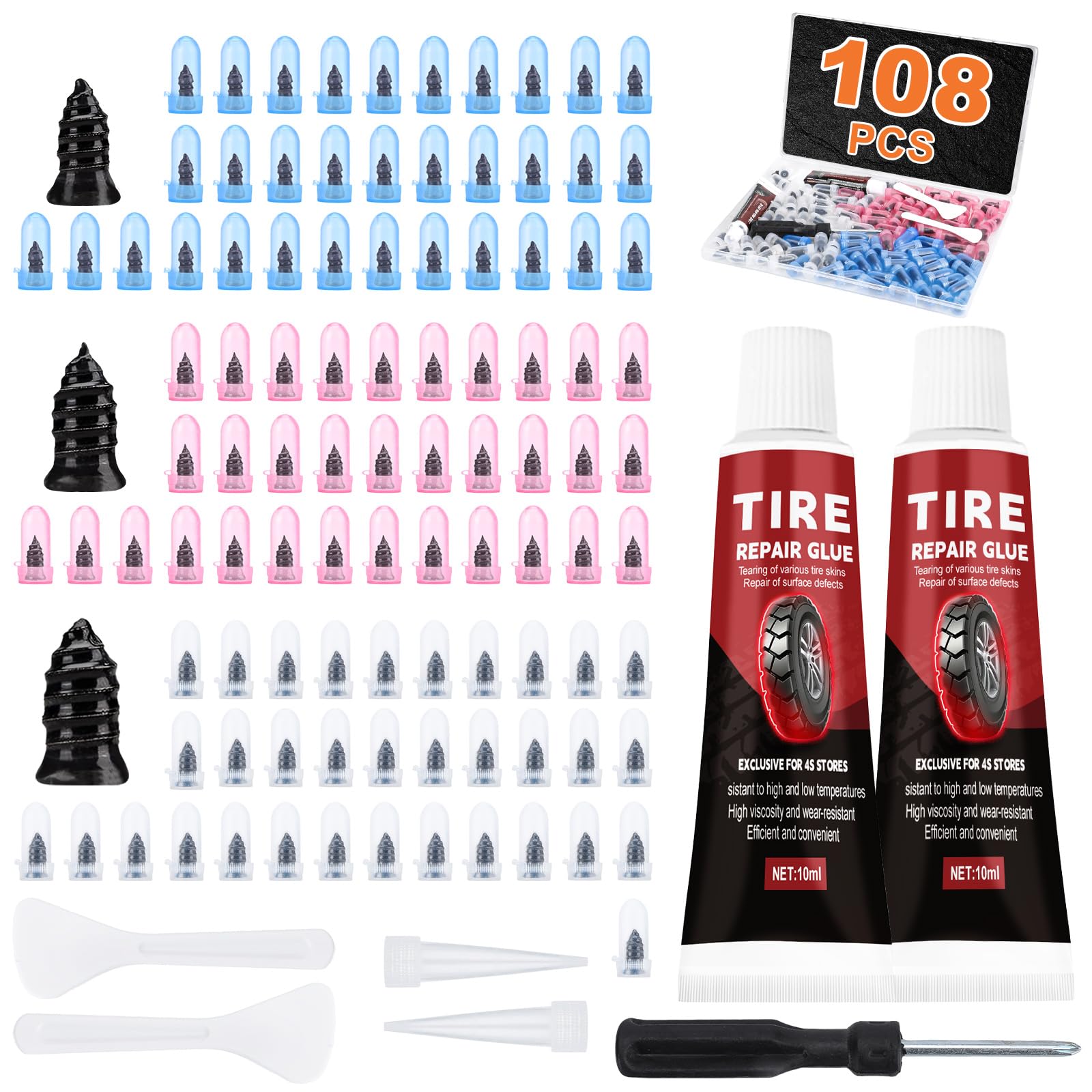 108 Pcs Tire Screw Plug Repair Kit, Tire Repair Screws with Tire Glue | Tire Rep