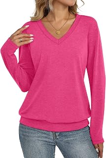 EasyGala Womens V Neck Long Sleeve Shirts Banded Bottom Cute Loose Fit Tops