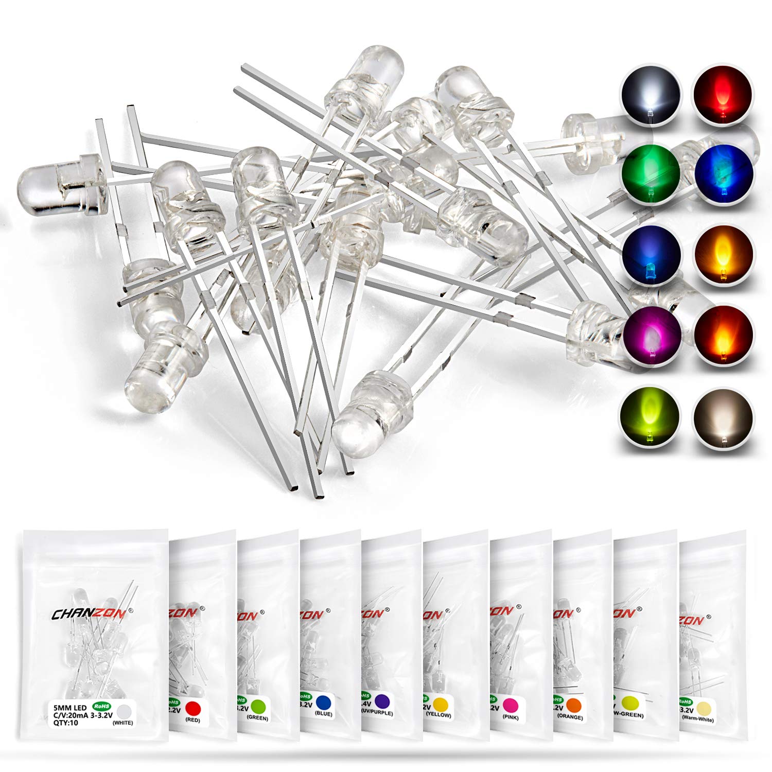 CHANZON 100pcs (10 Colors x 10pcs) 3mm LED Diode Emitting Lights Assortment | (C