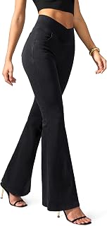 Rammus Women Flared Jeans Crossover High Waist Bell Bottom Fashion Yoga Pants Stretch Flared Leggings with Pockets
