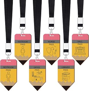Sabary 6 Pcs Hall Classrooms Passes Bathroom Passes, Classic, Pencil | Black Lanyards for Restroom Library Office Nurse, Teacher Must Haves Hallway Management, Elementary Middle School