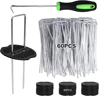 Storystore 121Pcs Landscape Staples Kit, 60Pcs 6 Inch U-Shaped Galvanized Steel Garden Stakes Staples, 60Pcs Fixing Gasket with 1Pc Pick Hook for Holding Weed Barrier Fabric, Tent Turf Fence Hose