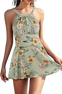SHEKINI Ladies Elegant One Piece Swimsuit High Neck Ruched Swimming Dress With Slip Inside Belly Path Pleated Bathing Suit Plus Size Tankini