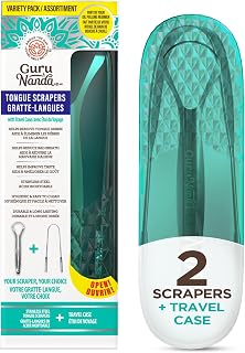 GuruNanda Tongue Scraper for Adults-Bad Breath Treatment, Gag Free, 2 ct | 420 Medical-Grade Stainless Steel | Spoon & U-Shape Metal Tongue Scrapers | Dentist Recommended | Travel Friendly