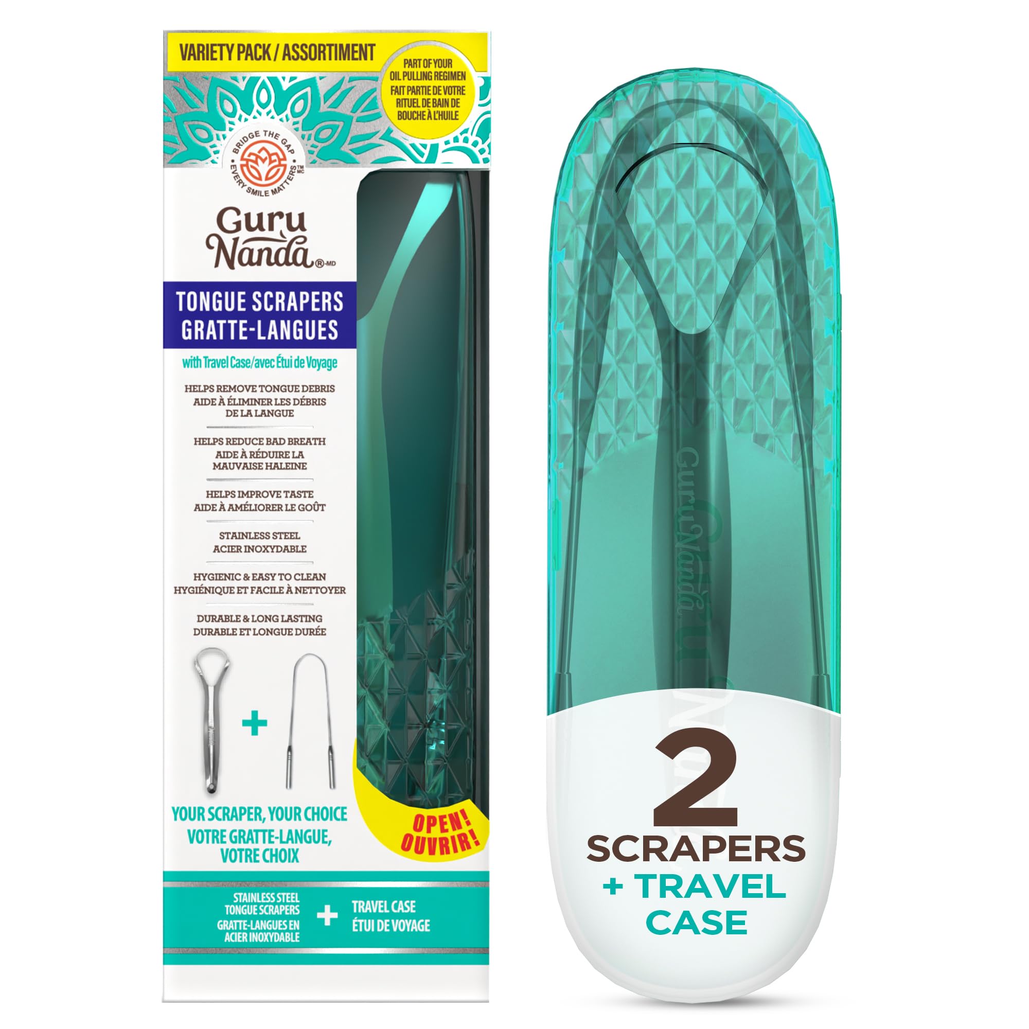 GuruNanda Tongue Scraper for Adults-Bad Breath Treatment, Gag Free, 2 ct | 420 M