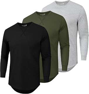 Mens 3 Pack Plain Cotton Shirts Short Sleeve Casual Crew Neck T-Shirts Hipster Hip Hop Longline Tees Drop Cut Curved Hem