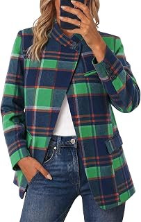 Cicy Bell Women Plaid Blazer Business Stand Collar Open Front Suit Jacket
