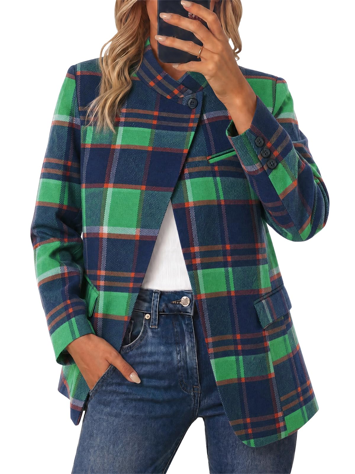 Cicy Bell Women Plaid Blazer Business Stand Collar Open Front Suit Jacket