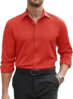 COOFANDY Mens Business Shirts Wrinkle Free Dress Shirt Long Sleeve Casual Button Down Shirt Soild Color Formal Top Red 2XL