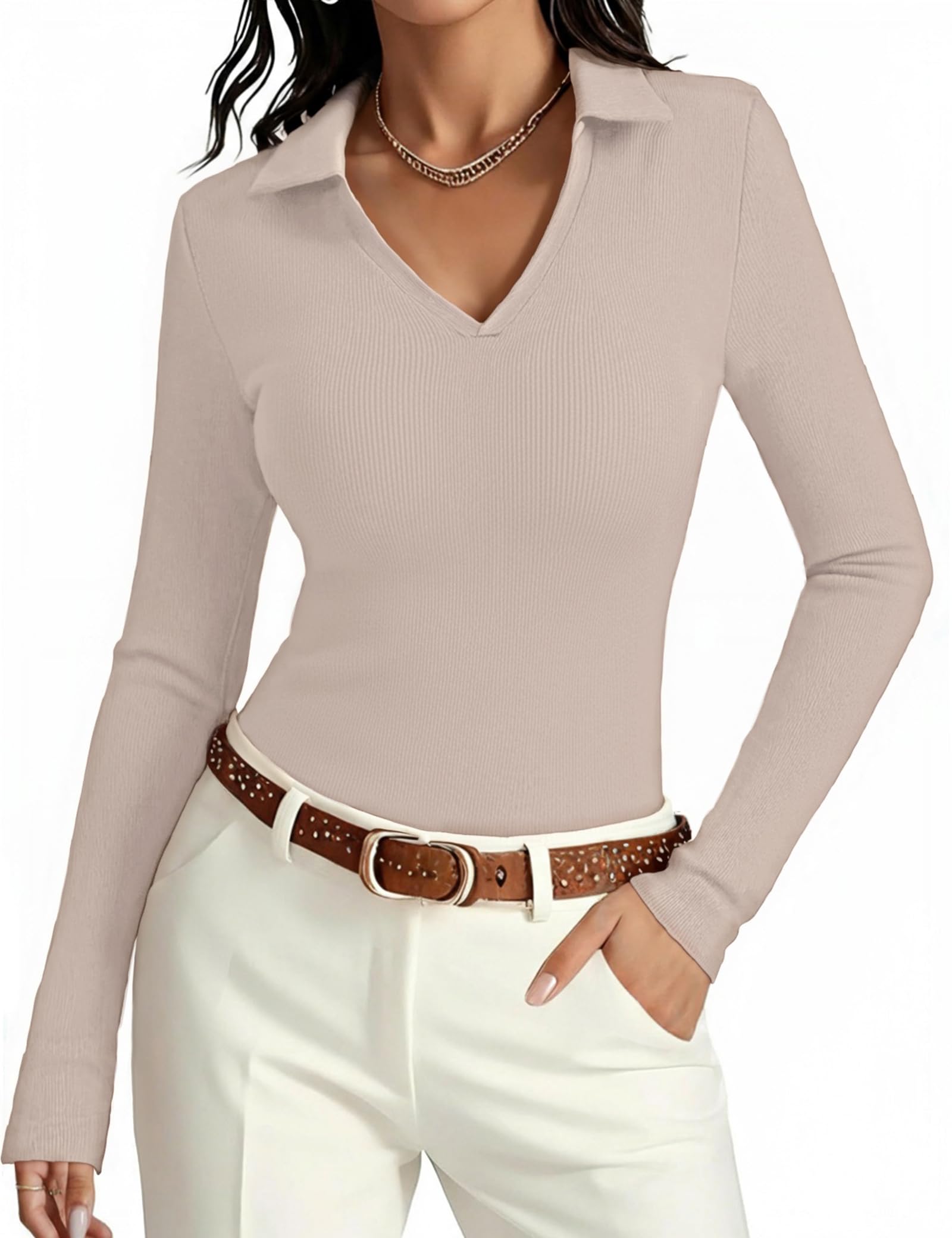 Aottori Womens Long Sleeve Tops Basic Polo V Neck Shirts Ribbed Slim Fit