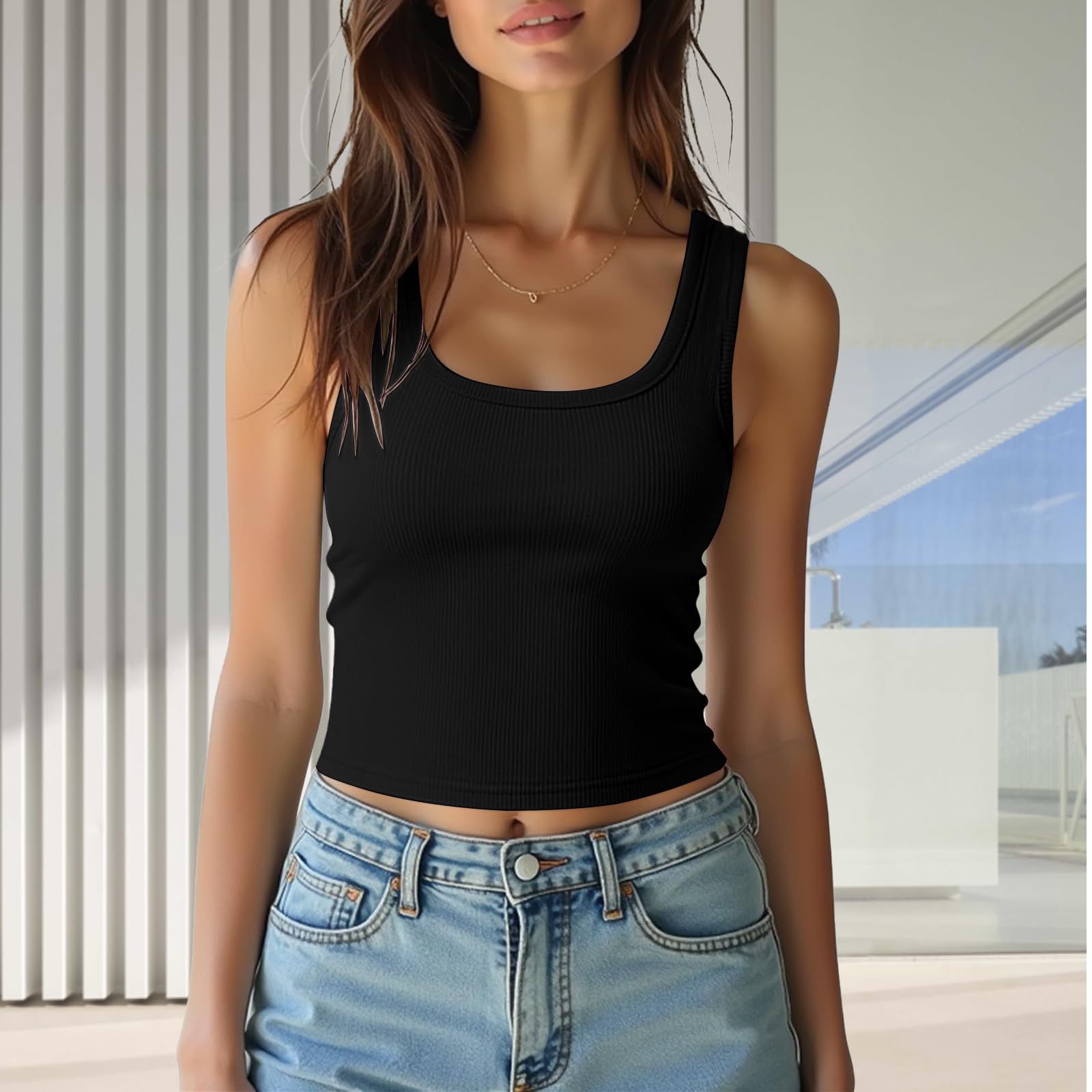 Ribbed Tank Tops for Women Wide Strap Slim Fit Sleeveless Summer Essential 2026