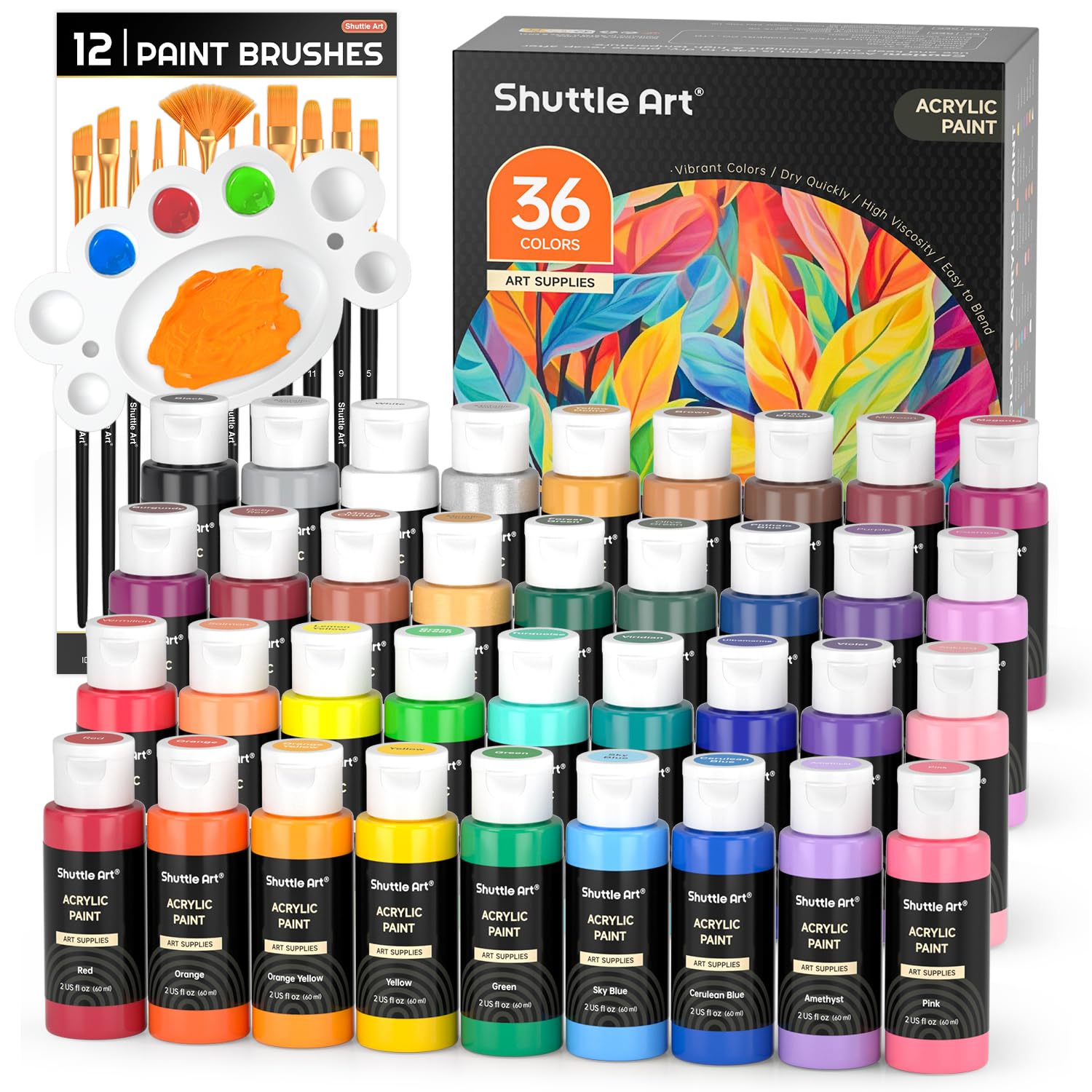 Shuttle Art Acrylic Paint, 36 Colors Acrylic Paint Set with Brushes & Palette, 2