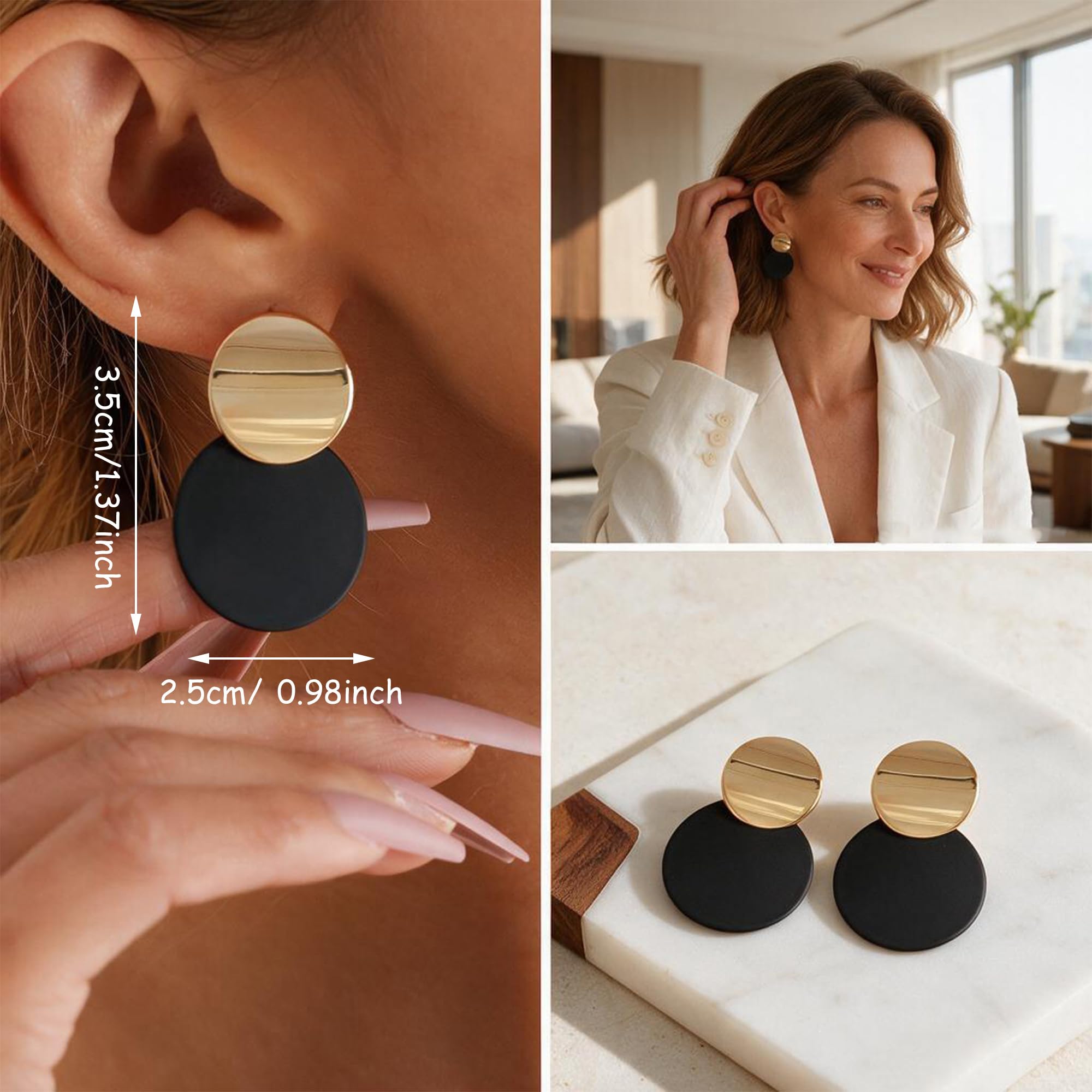 KaFu Round Curved Dangle Earrings Geometric Double Disc Gold Fashion Matte Paint