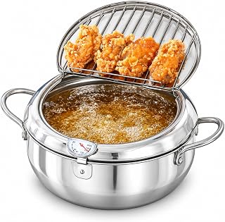 304 Stainless Steel Japanese Deep Fryer Pot, Tempura Frying Pot (11in) | 11"/4.4Qt (4.2 L) Extra Large fryer with Oil Drain and Fahrenheit Thermometer