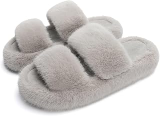 Chantomoo Damen-Hausschuhe Memory-Schaum Hausschuhe für Damen flauschig bequem Kunstfell Hausschuhe pelzig Schlafzimmer Innenbereich offene Zehen zwei Bänder trendiges Geschenk