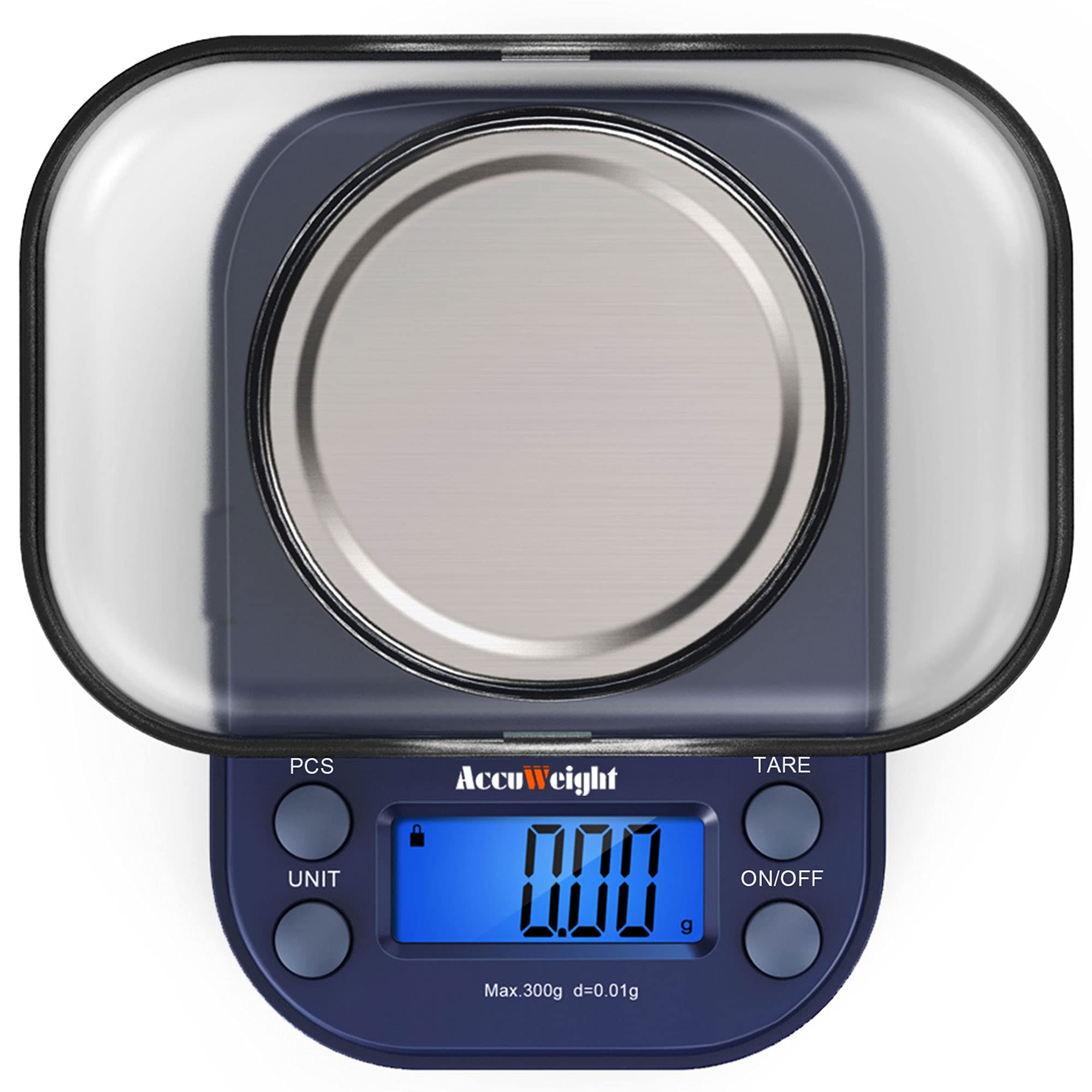 ACCUWEIGHT Blue 300g LCD Mini Precision Scale, Stainless Steel, 0.01g, Multifunc