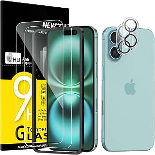 NEW'C Pack of 4, 2 x Tempered Glass Screen Protector for iPhone 16 (6,1 inch), 2 x Camera Tempered Glass for Camera Protection, Anti-Scratch, Bubble-free, Super Durable 9H Hardness Glass (Easy